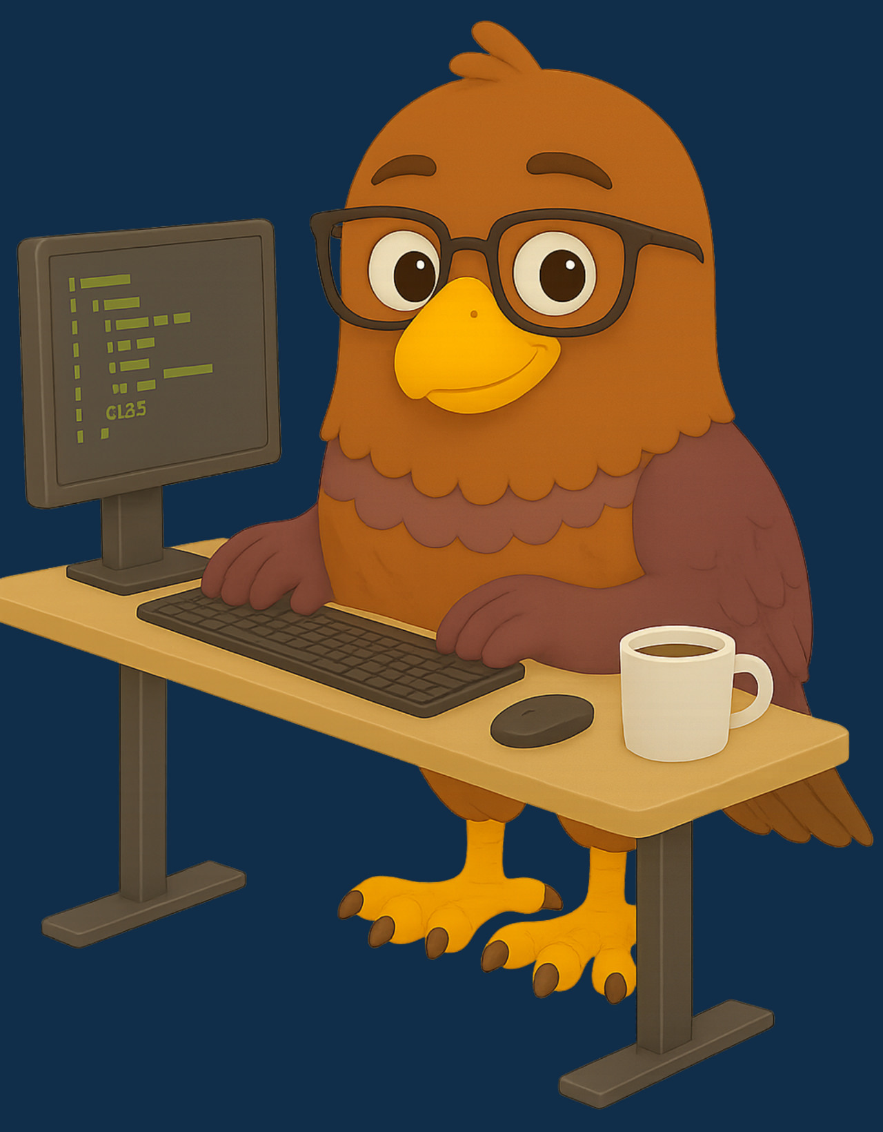 moortaube steht an einem höhenverstellbaren Schreibtisch mit Bildschirm, kabelloser Tastatur und Maus sowie einer Tasse mit schwarzem Tee und programmiert