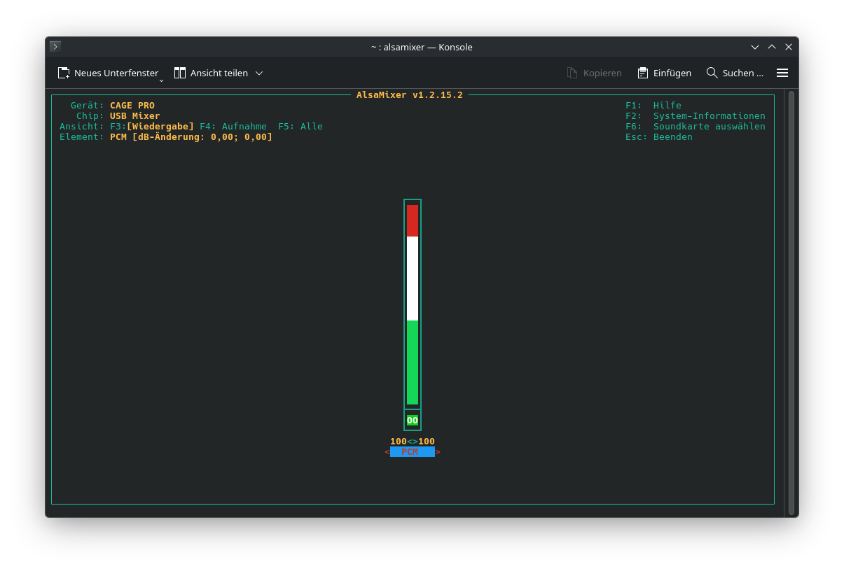 Screenshot `alsamixer` in der Konsole nach der Anpassung