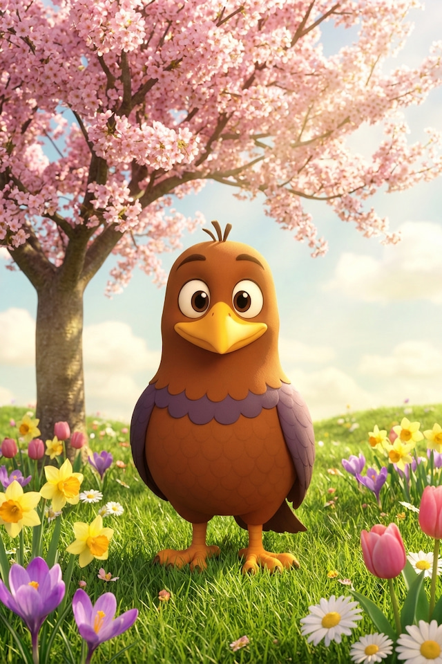 Die moortaube steht auf einer grüne Wiese, um sie herum blühen diverse Blumen. Im Hintergrund steht ein Kirschbaum in voller Blüte.