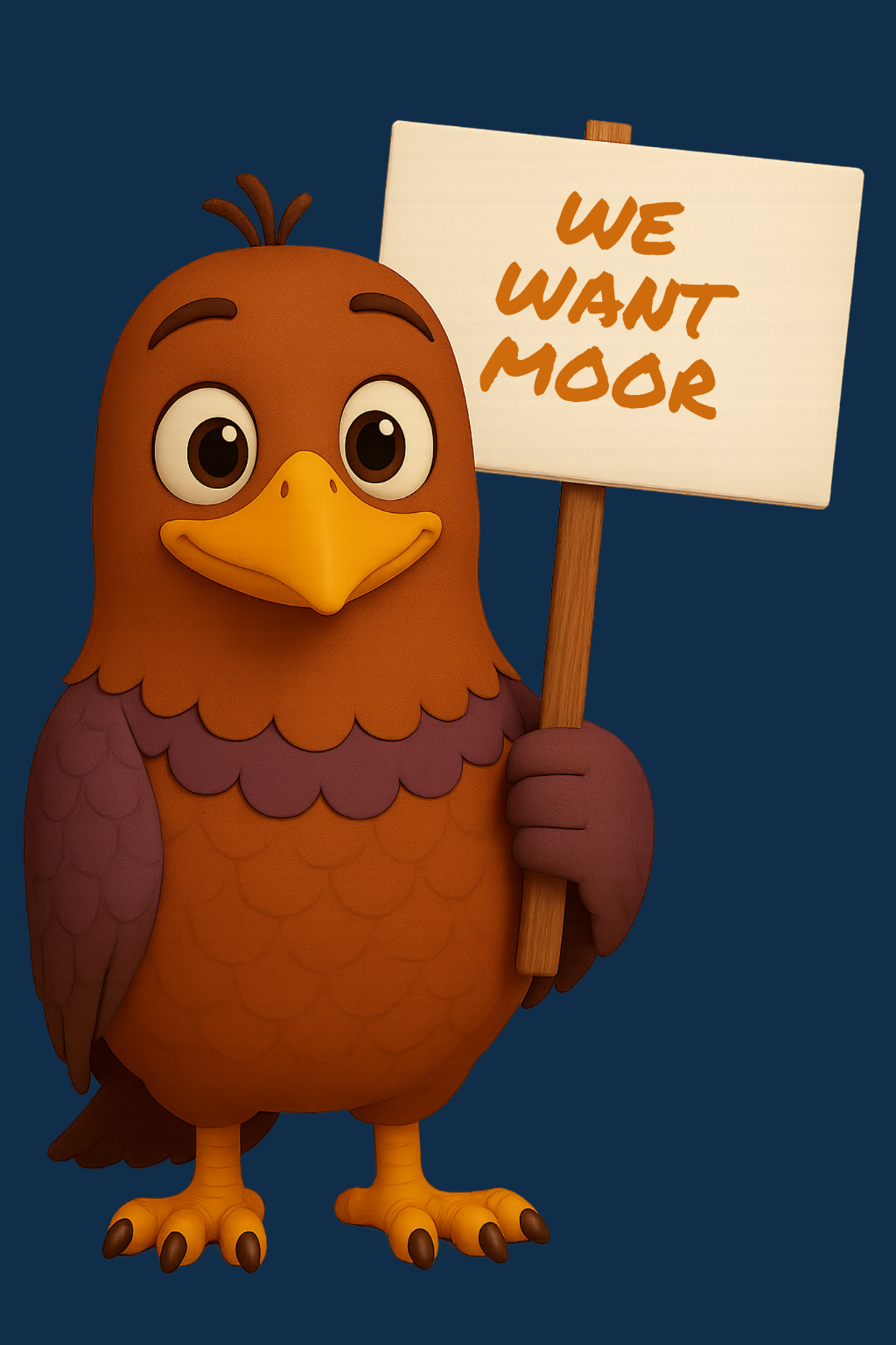 moortaube hält ein weißes Schild in der Hand, darauf in Großbuchstaben „WE WANT MOOR“