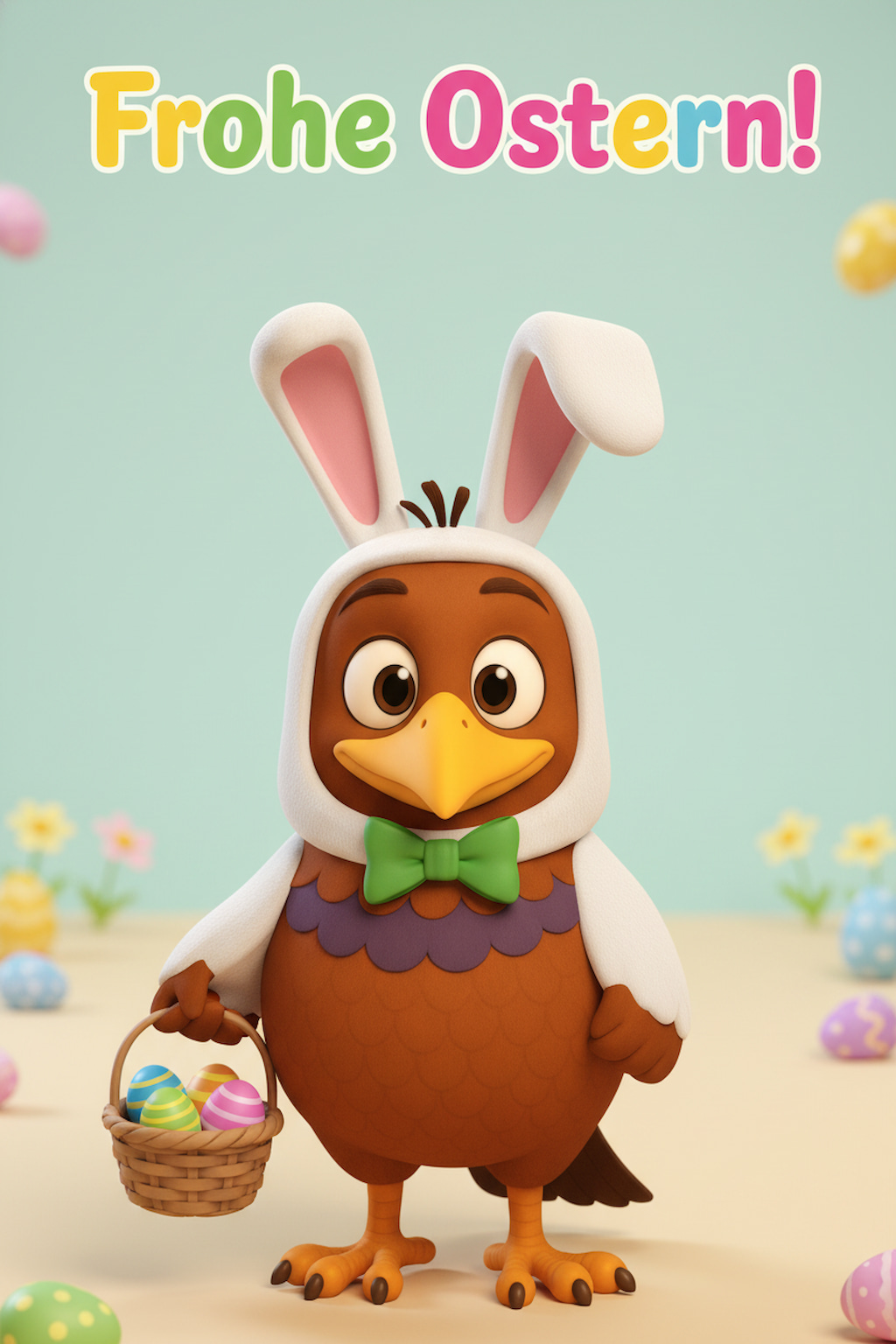 Die moortaube, verkleidet als Osterhase, steht mit einem Korb voller Ostereier im Vordergrund. Im Hintergrund steht ein paar Blumen.