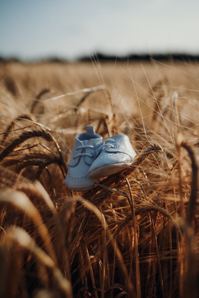 Baby-Schuhe in einem Kornfeld