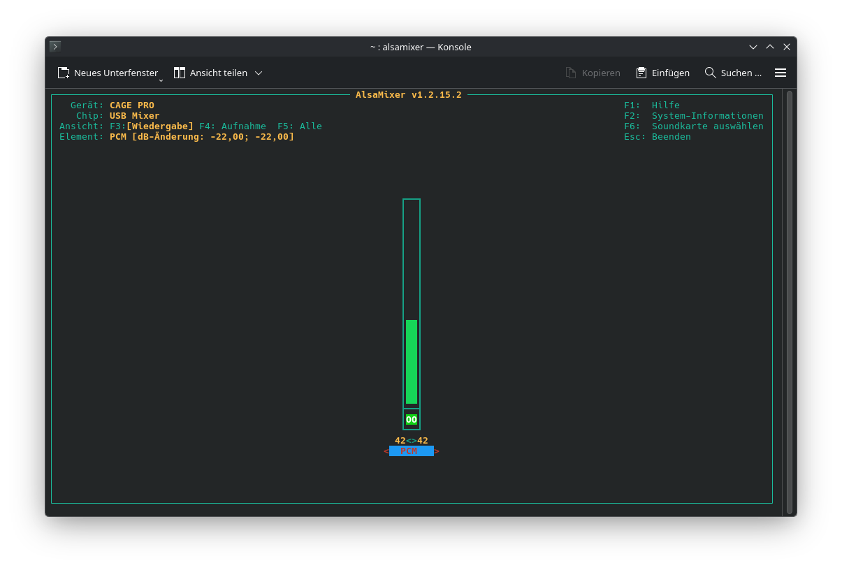Screenshot `alsamixer` in der Konsole vor der Anpassung